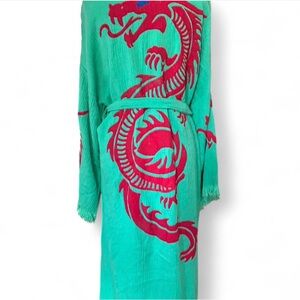 Handmade 100% 2 layers Muslin Cotton Green Kimono with Red Dragon Design